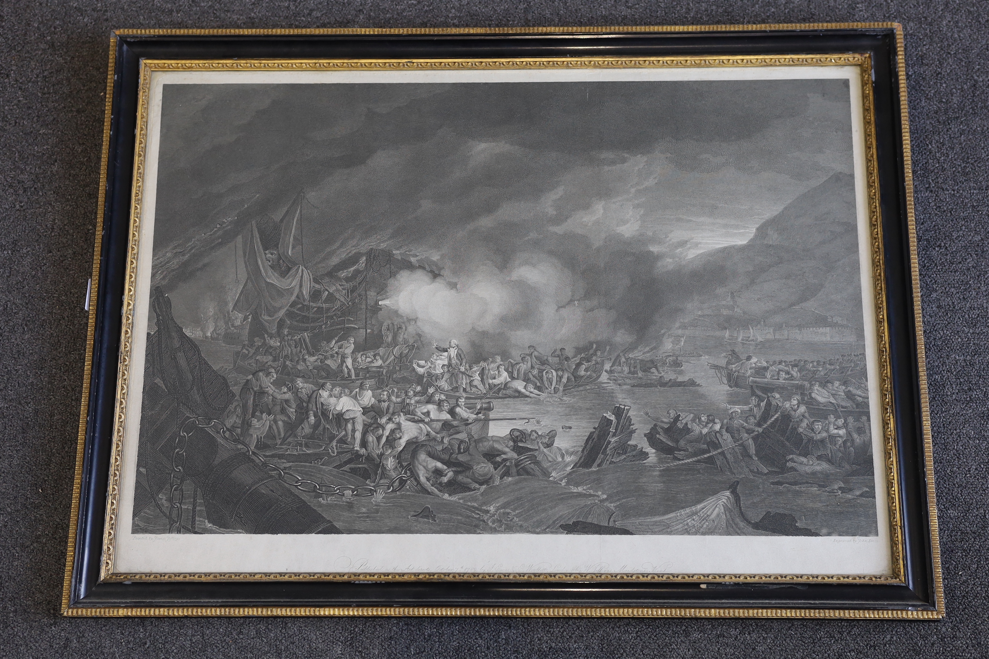 John Emes after James Jefferys, engraving, 'Seige of Gibraltar 1782, the scene before Gibraltar on the morning of the 14th September 1782', published 1789 by Emes and Woollett, visible sheet 49 x 68.5cm